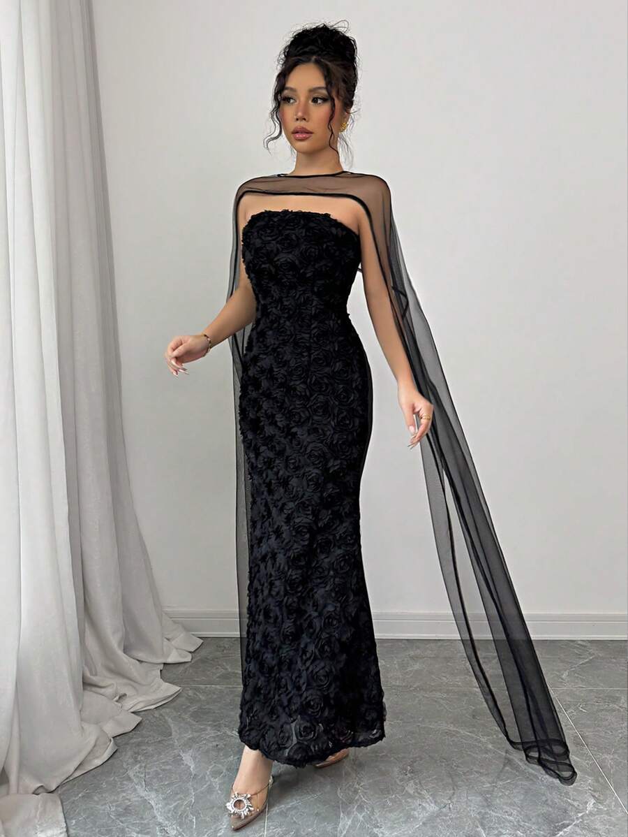 SHEIN Elenzga فستان اسود ملفوف مزين بوردة ومعه شال