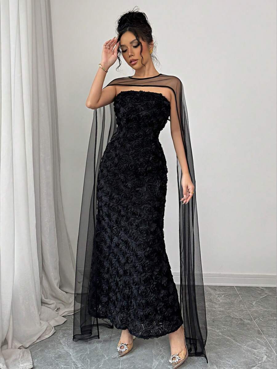 SHEIN Elenzga فستان اسود ملفوف مزين بوردة ومعه شال