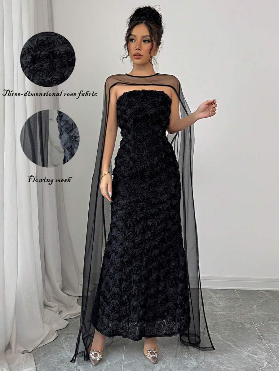 SHEIN Elenzga فستان اسود ملفوف مزين بوردة ومعه شال