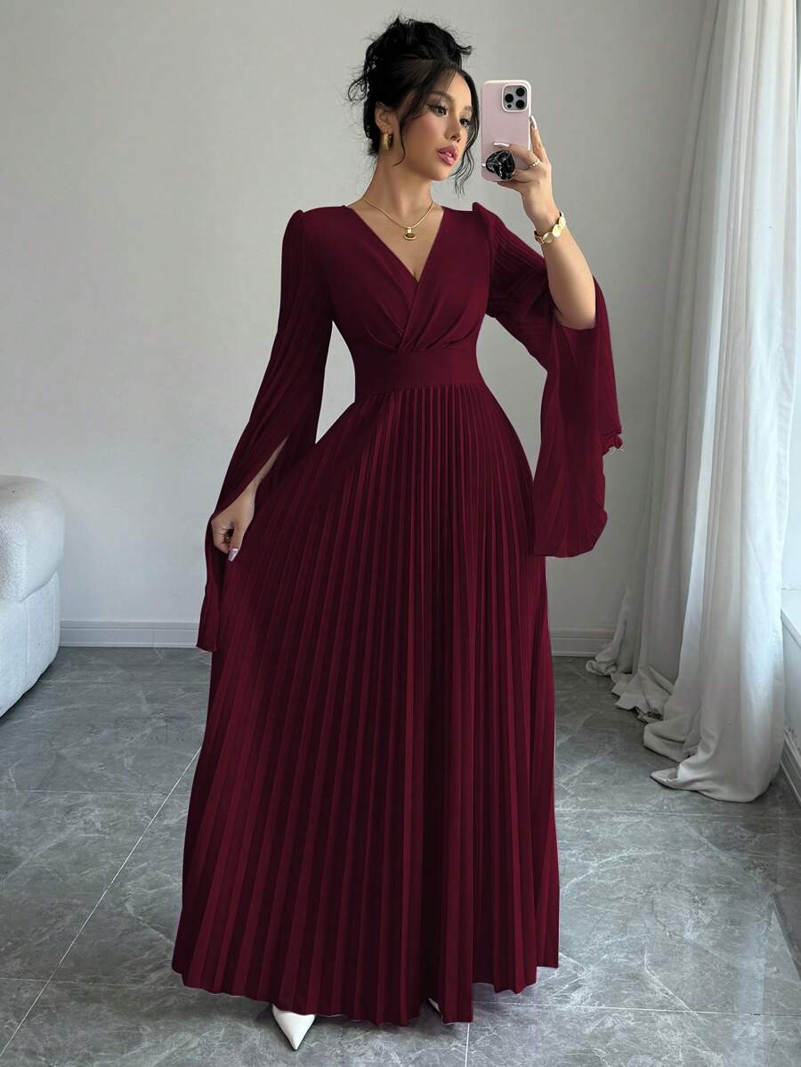 SHEIN Elenzga فستان ماكسي عنابي برقبة وأكمام مطبقة