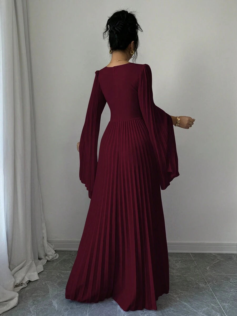 SHEIN Elenzga فستان ماكسي عنابي برقبة وأكمام مطبقة