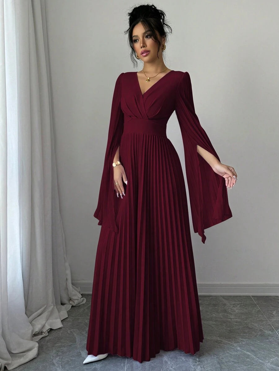 SHEIN Elenzga فستان ماكسي عنابي برقبة وأكمام مطبقة