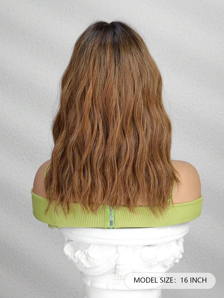 SHEIN باروكة بني 16 بوصة تموجات طبيعية مجعد مع غرة ألياف صناعية