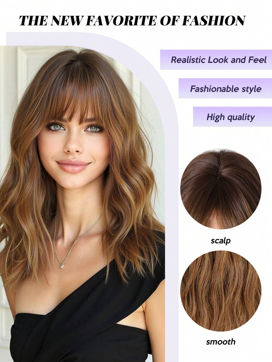 SHEIN باروكة بني 16 بوصة تموجات طبيعية مجعد مع غرة ألياف صناعية