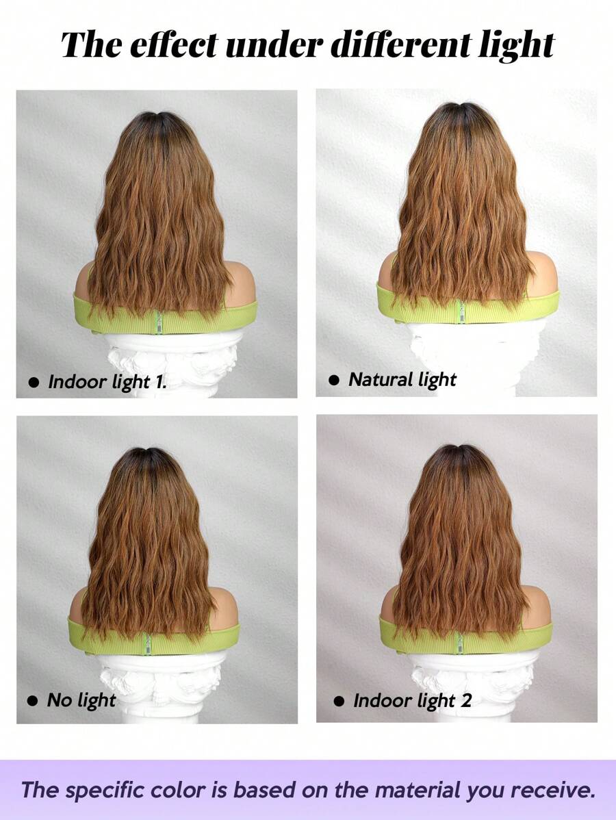 SHEIN باروكة بني 16 بوصة تموجات طبيعية مجعد مع غرة ألياف صناعية