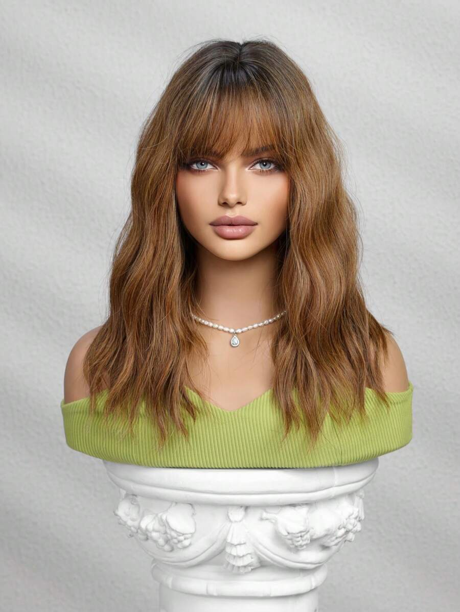 SHEIN باروكة بني 16 بوصة تموجات طبيعية مجعد مع غرة ألياف صناعية