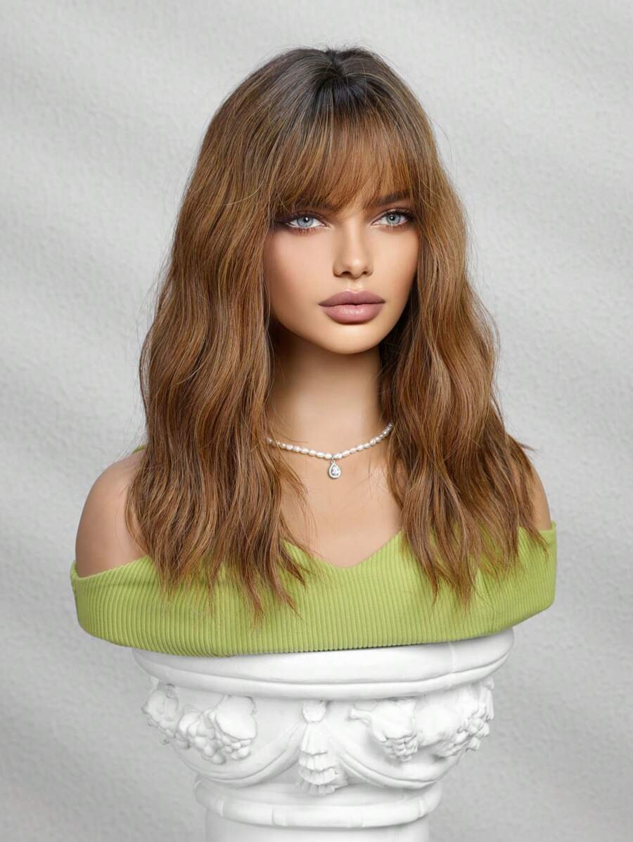 SHEIN باروكة بني 16 بوصة تموجات طبيعية مجعد مع غرة ألياف صناعية