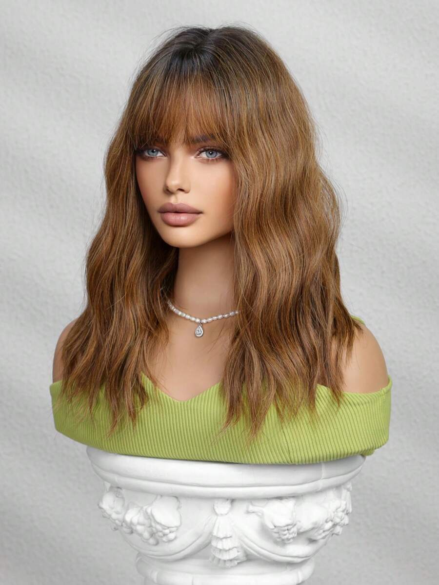 SHEIN باروكة بني 16 بوصة تموجات طبيعية مجعد مع غرة ألياف صناعية