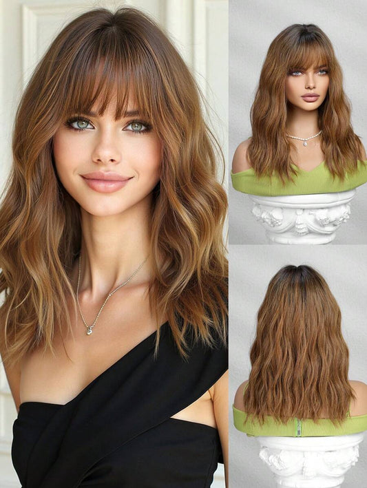 SHEIN باروكة بني 16 بوصة تموجات طبيعية مجعد مع غرة ألياف صناعية
