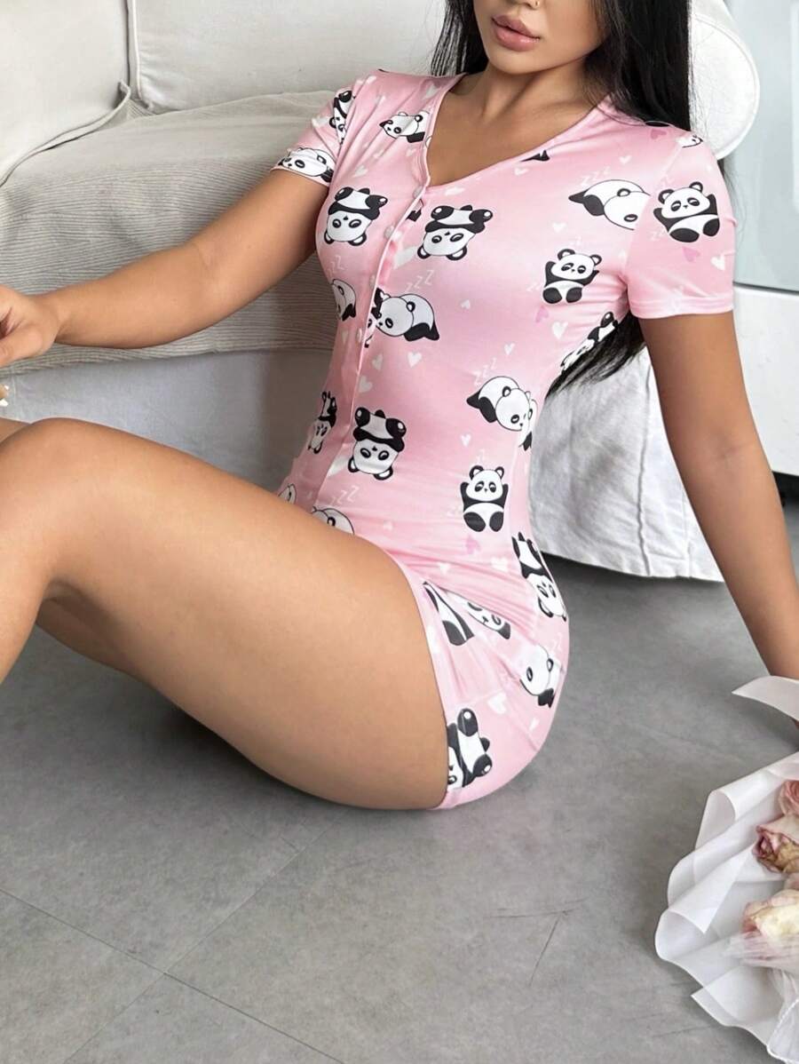 SHEIN بيجامة نسائية برسومات قلوب الباندا