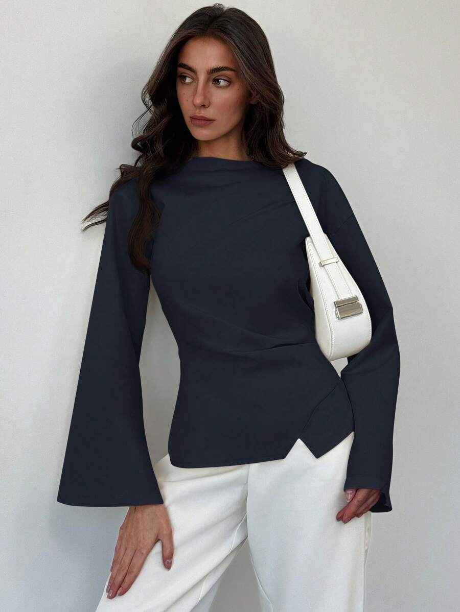 SHEIN Aloruh بلوزة بياقة قارب وأكمام منفوخة