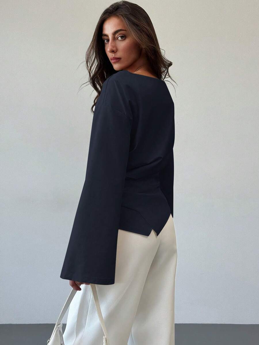 SHEIN Aloruh بلوزة بياقة قارب وأكمام منفوخة