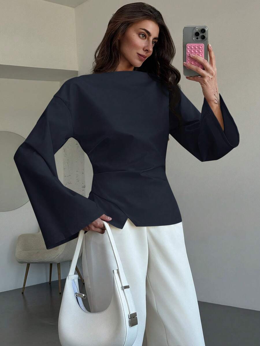 SHEIN Aloruh بلوزة بياقة قارب وأكمام منفوخة
