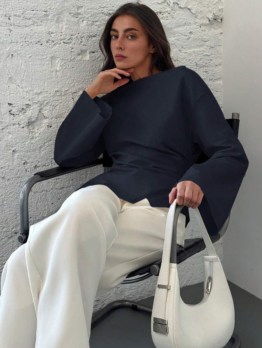 SHEIN Aloruh بلوزة بياقة قارب وأكمام منفوخة