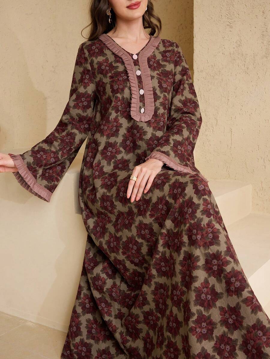 SHEIN Al Najma فستان عربي محتشم بكشكشة وطيات مزركشة