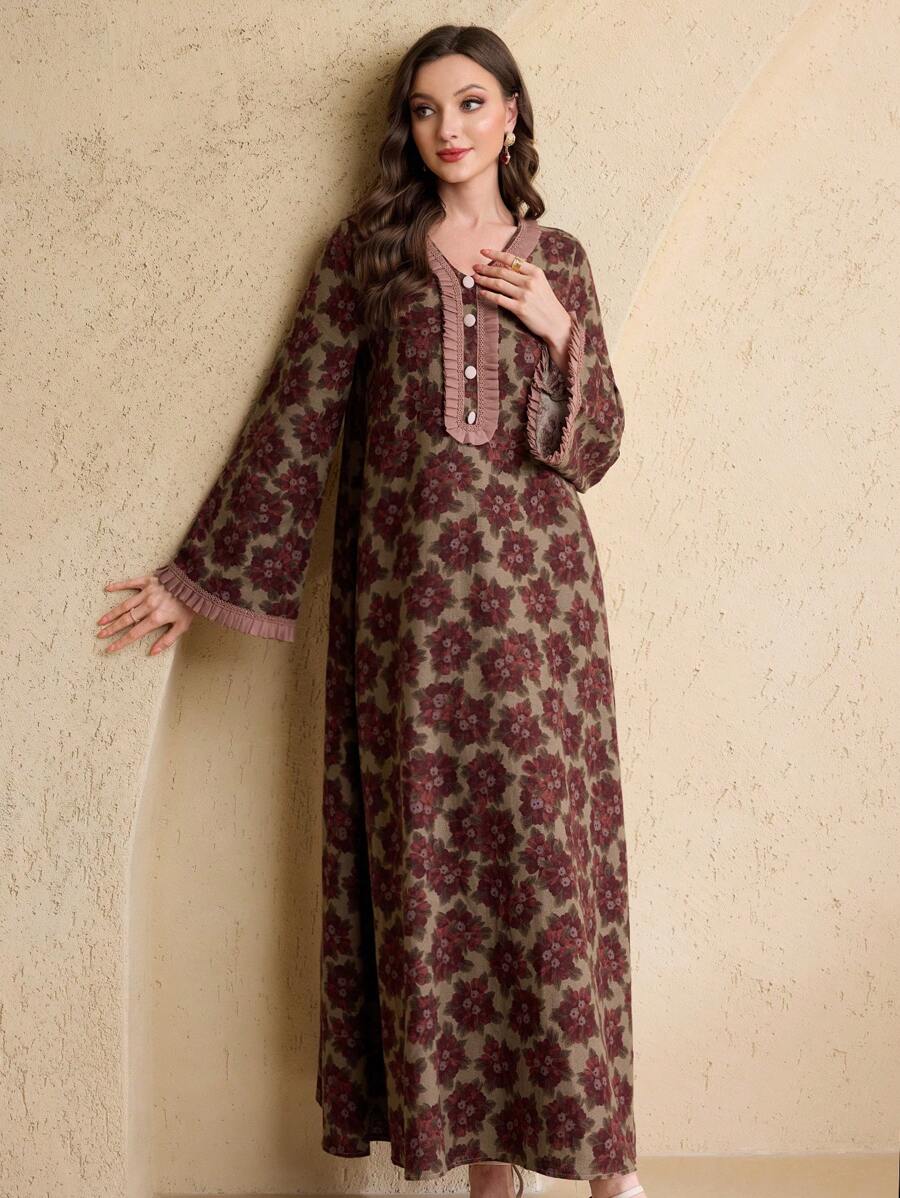 SHEIN Al Najma فستان عربي محتشم بكشكشة وطيات مزركشة