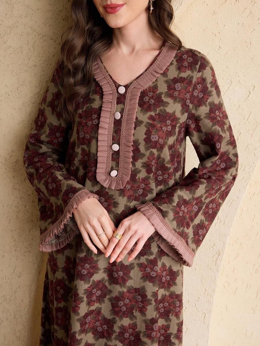 SHEIN Al Najma فستان عربي محتشم بكشكشة وطيات مزركشة