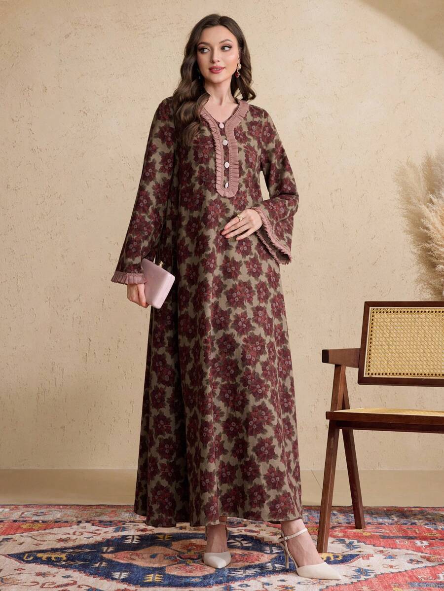 SHEIN Al Najma فستان عربي محتشم بكشكشة وطيات مزركشة