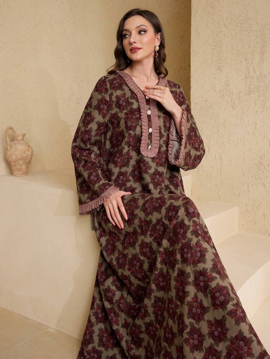 SHEIN Al Najma فستان عربي محتشم بكشكشة وطيات مزركشة