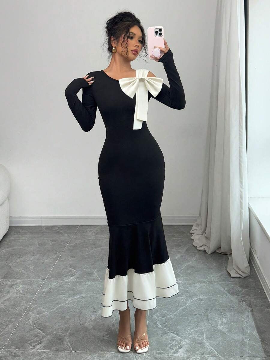SHEIN Elenzga فستان أسود بتفاصيل مشمش بأكمام طويلة مع فيونكة ملونة