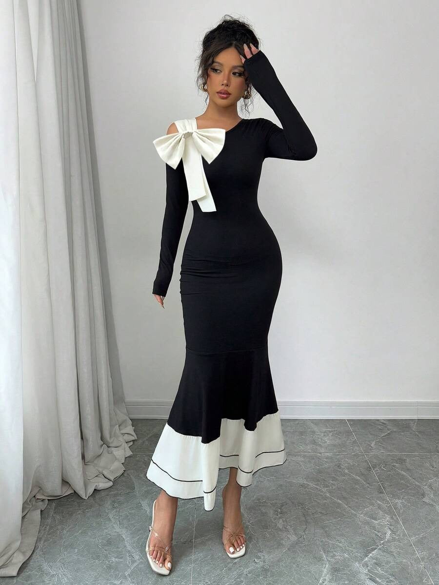 SHEIN Elenzga فستان أسود بتفاصيل مشمش بأكمام طويلة مع فيونكة ملونة