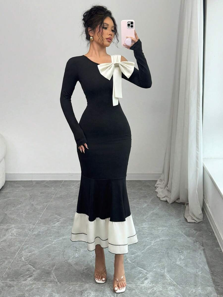SHEIN Elenzga فستان أسود بتفاصيل مشمش بأكمام طويلة مع فيونكة ملونة