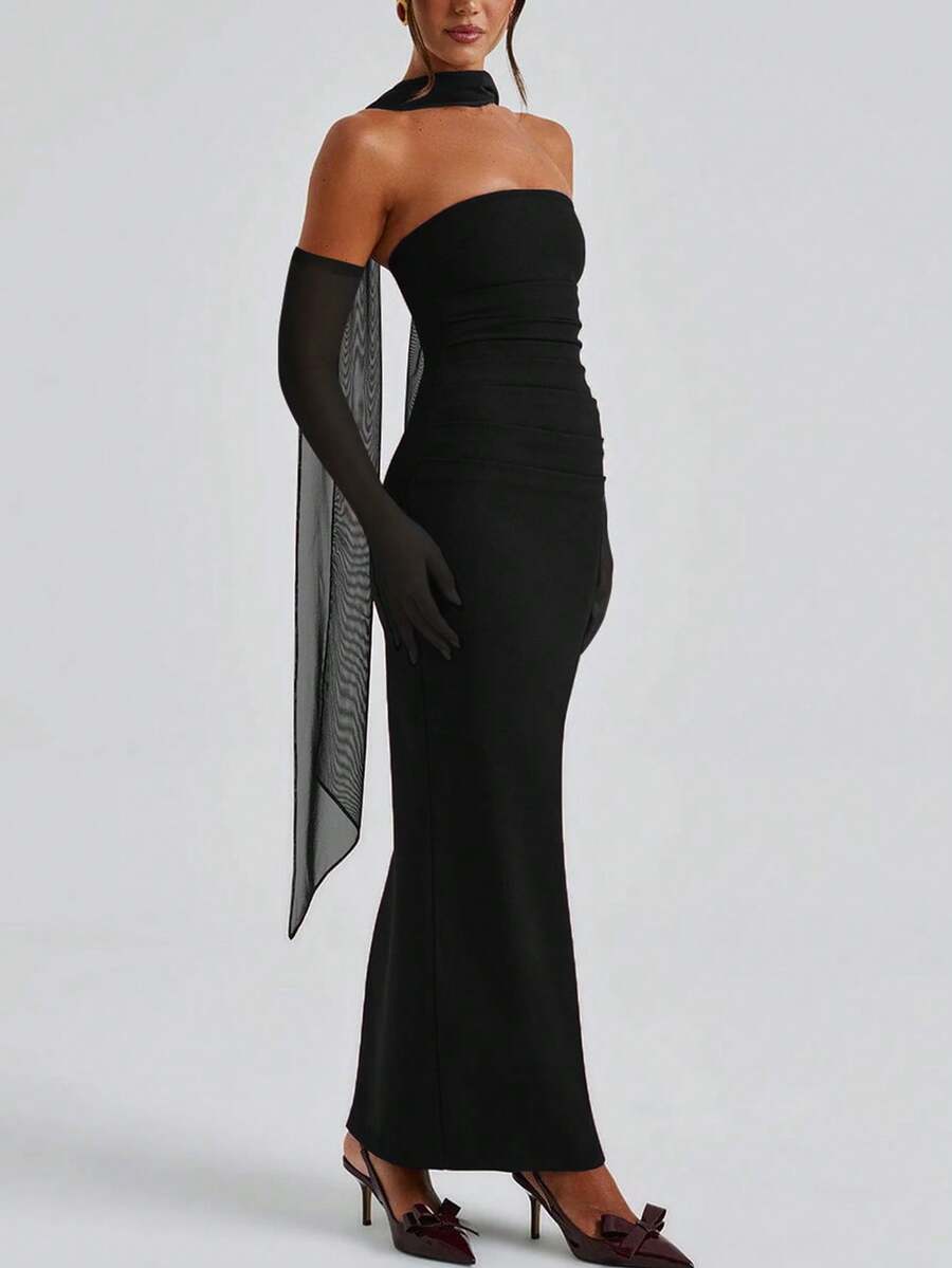 SHEIN فستان أسود طويل ضيق مع قفازات وشق وخلفية مطوية