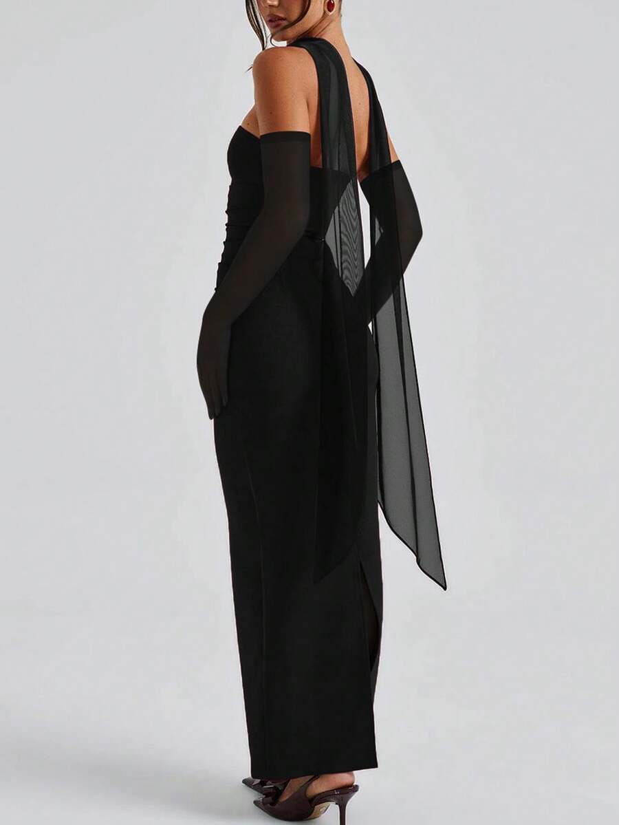 SHEIN فستان أسود طويل ضيق مع قفازات وشق وخلفية مطوية