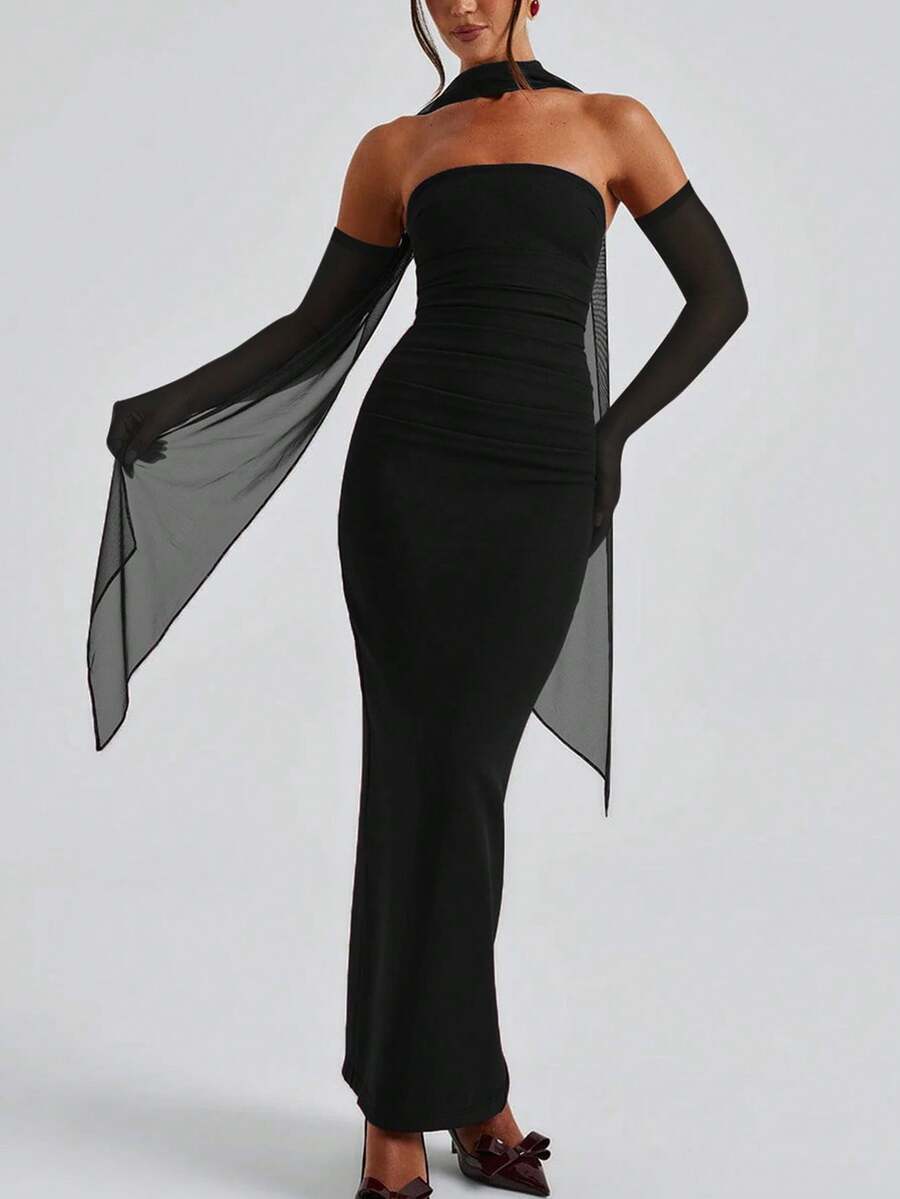 SHEIN فستان أسود طويل ضيق مع قفازات وشق وخلفية مطوية