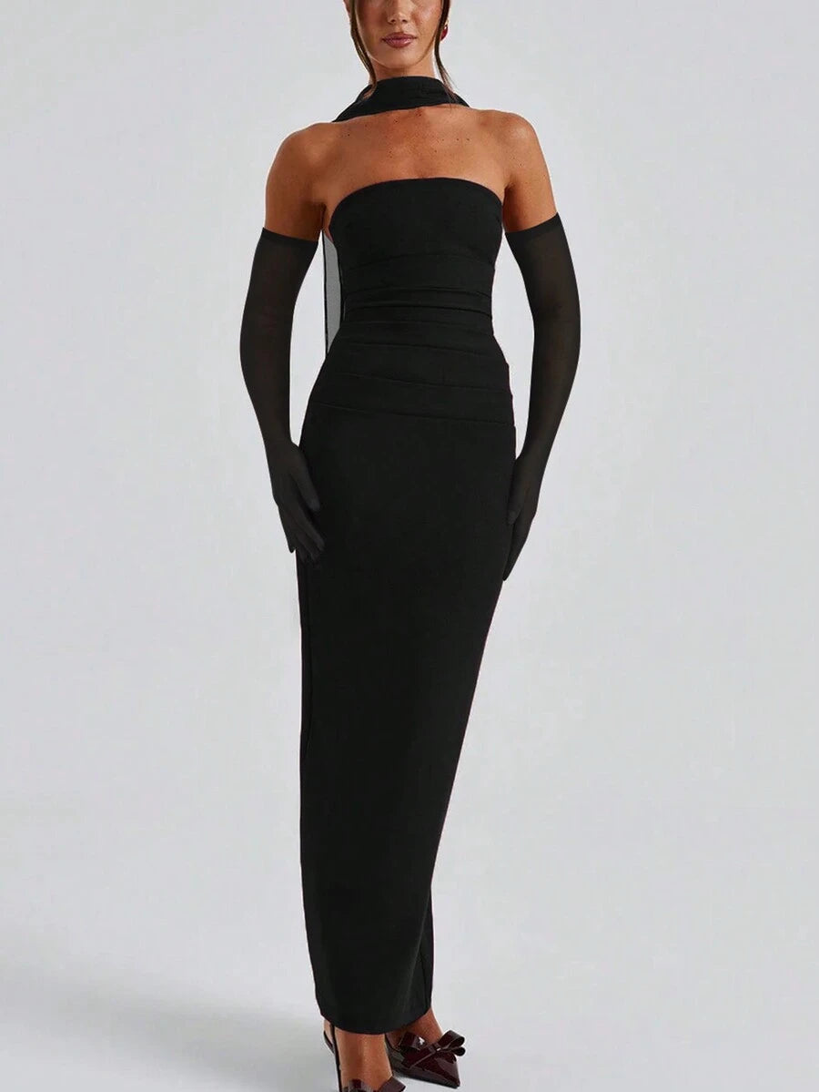 SHEIN فستان أسود طويل ضيق مع قفازات وشق وخلفية مطوية