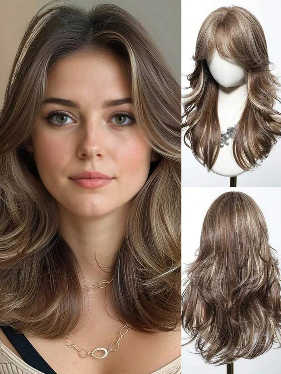 SHEIN باروكة شعر مموج طويل 20 بوصة بني بلوندي