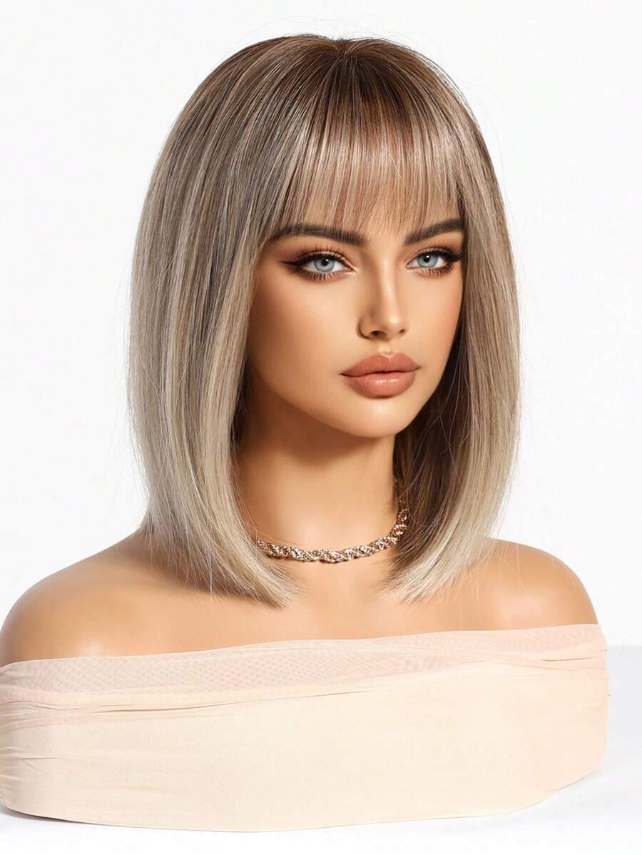 SHEIN باروكة شعر 14 بوصة بلون أوبر من البني و الأسود الأشقر مقاومة للحرارة