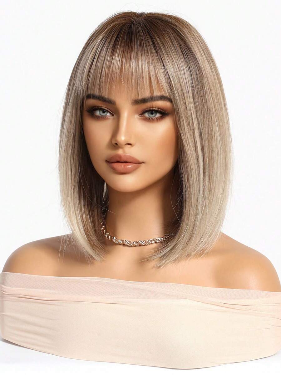 SHEIN باروكة شعر 14 بوصة بلون أوبر من البني و الأسود الأشقر مقاومة للحرارة