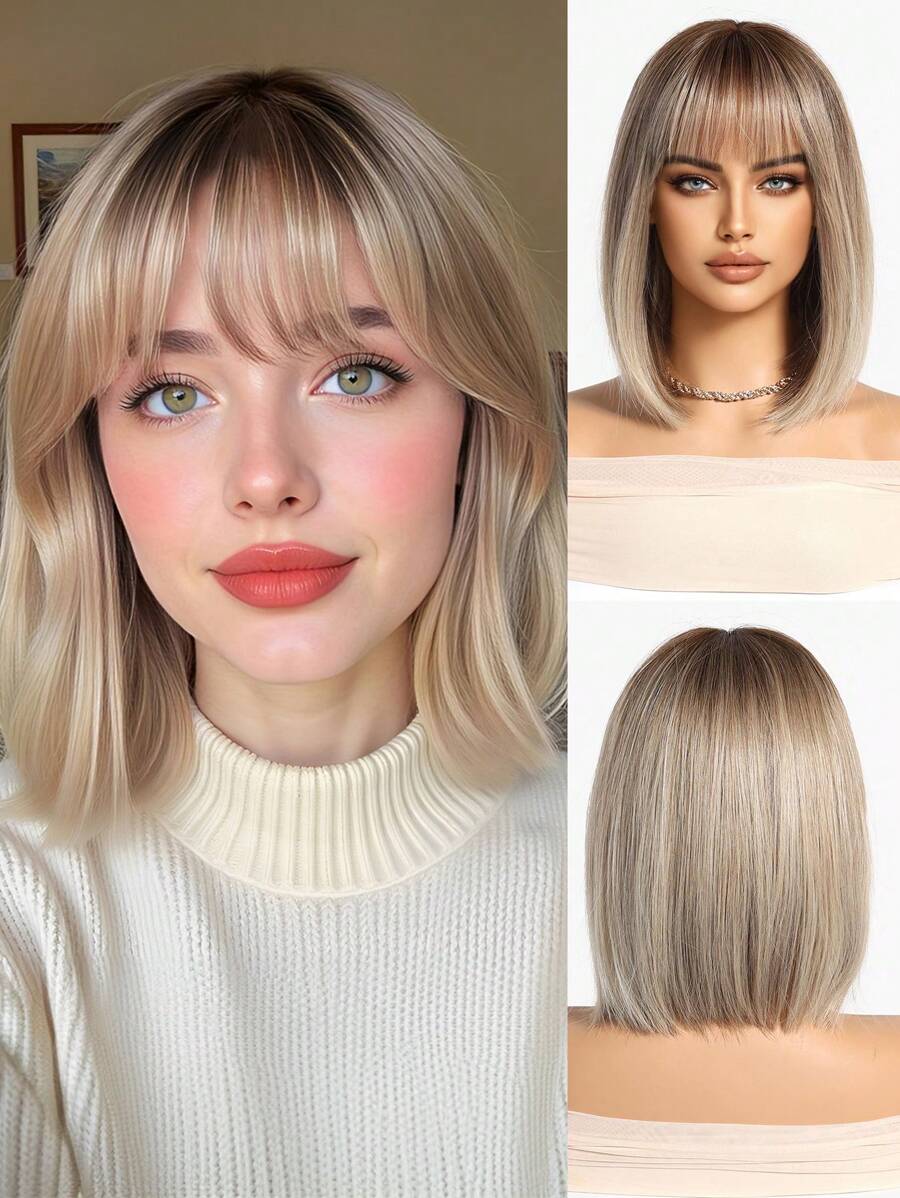 SHEIN باروكة شعر 14 بوصة بلون أوبر من البني و الأسود الأشقر مقاومة للحرارة