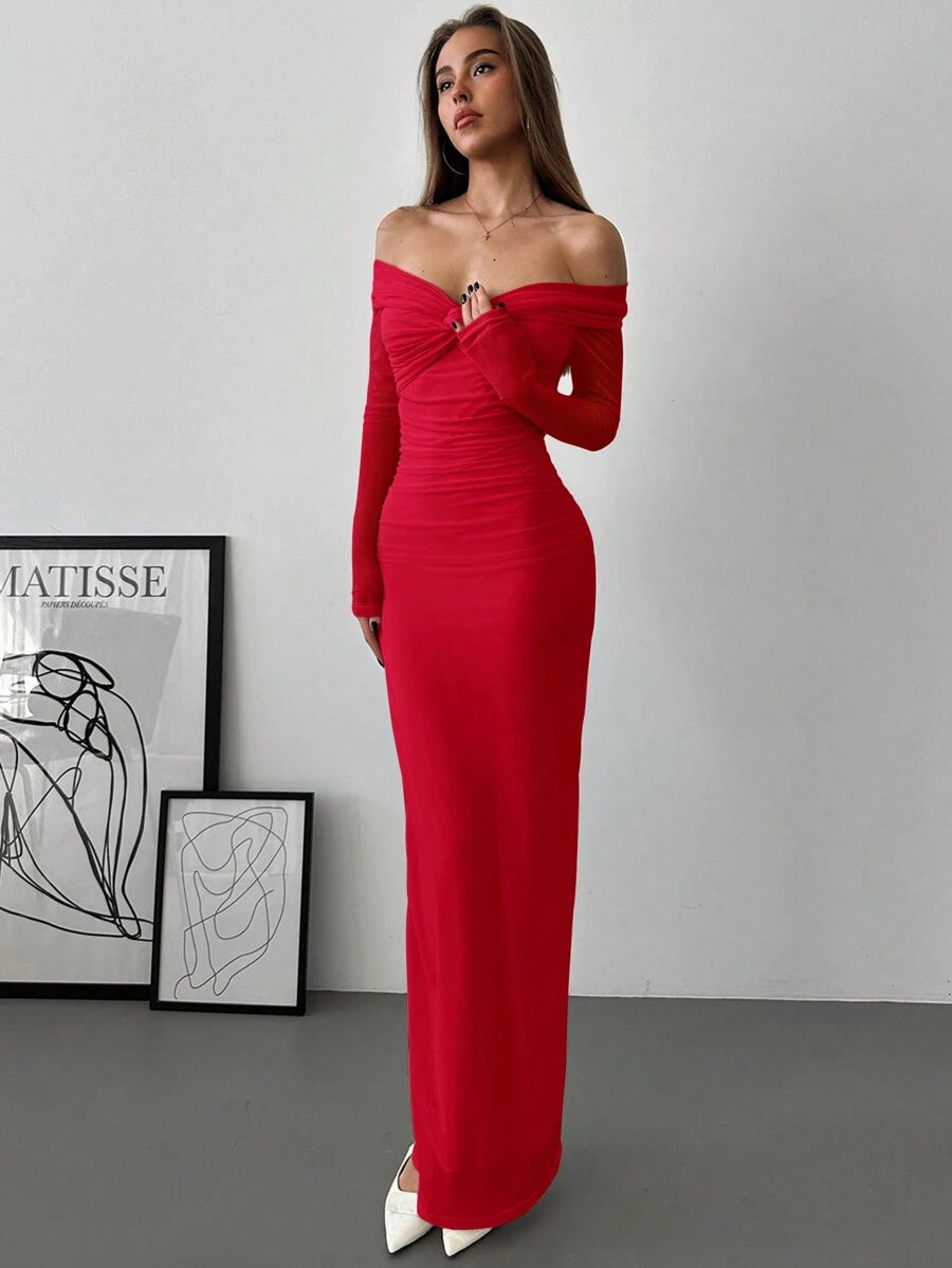 SHEIN Aloruh فستان احمر رومانسي بكتف مكشوفة