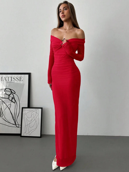 SHEIN Aloruh فستان احمر رومانسي بكتف مكشوفة