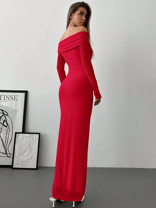 SHEIN Aloruh فستان احمر رومانسي بكتف مكشوفة