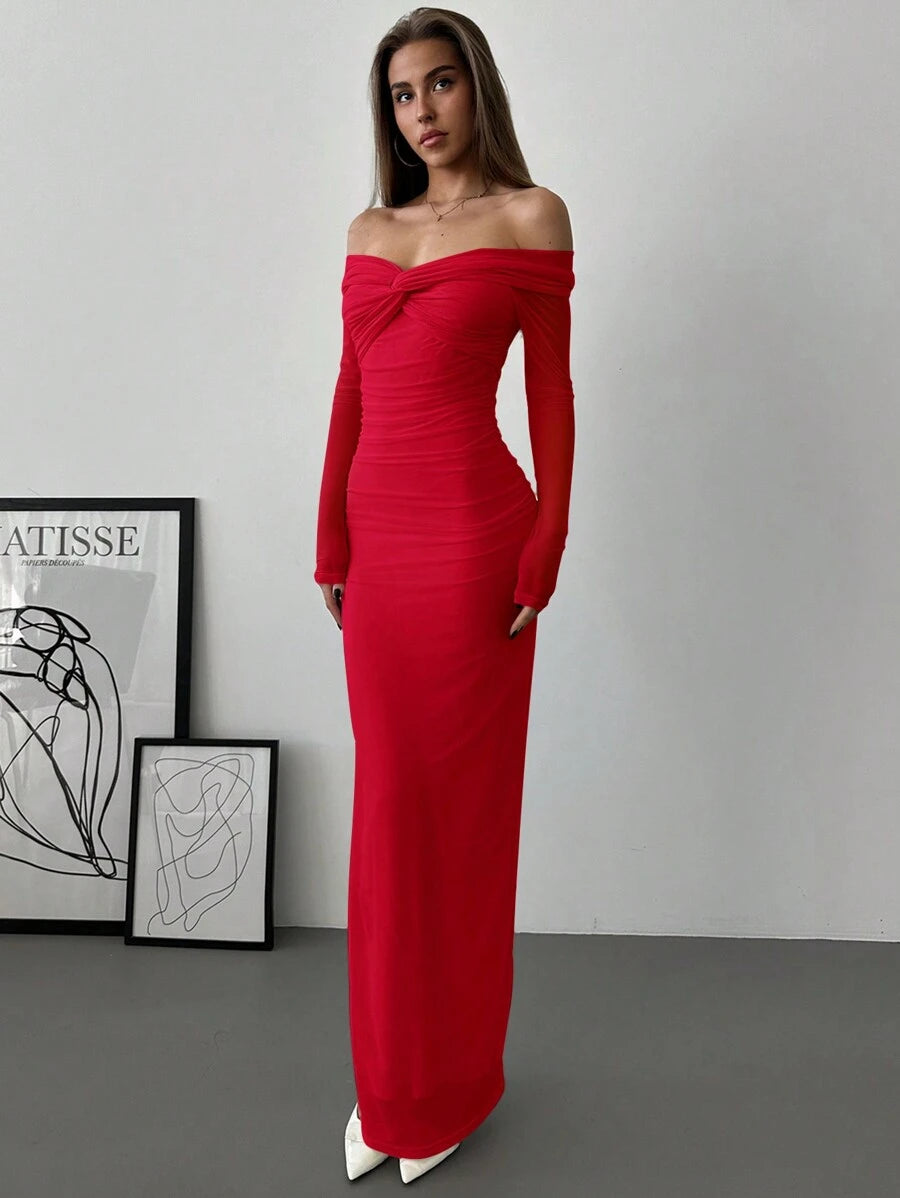 SHEIN Aloruh فستان احمر رومانسي بكتف مكشوفة