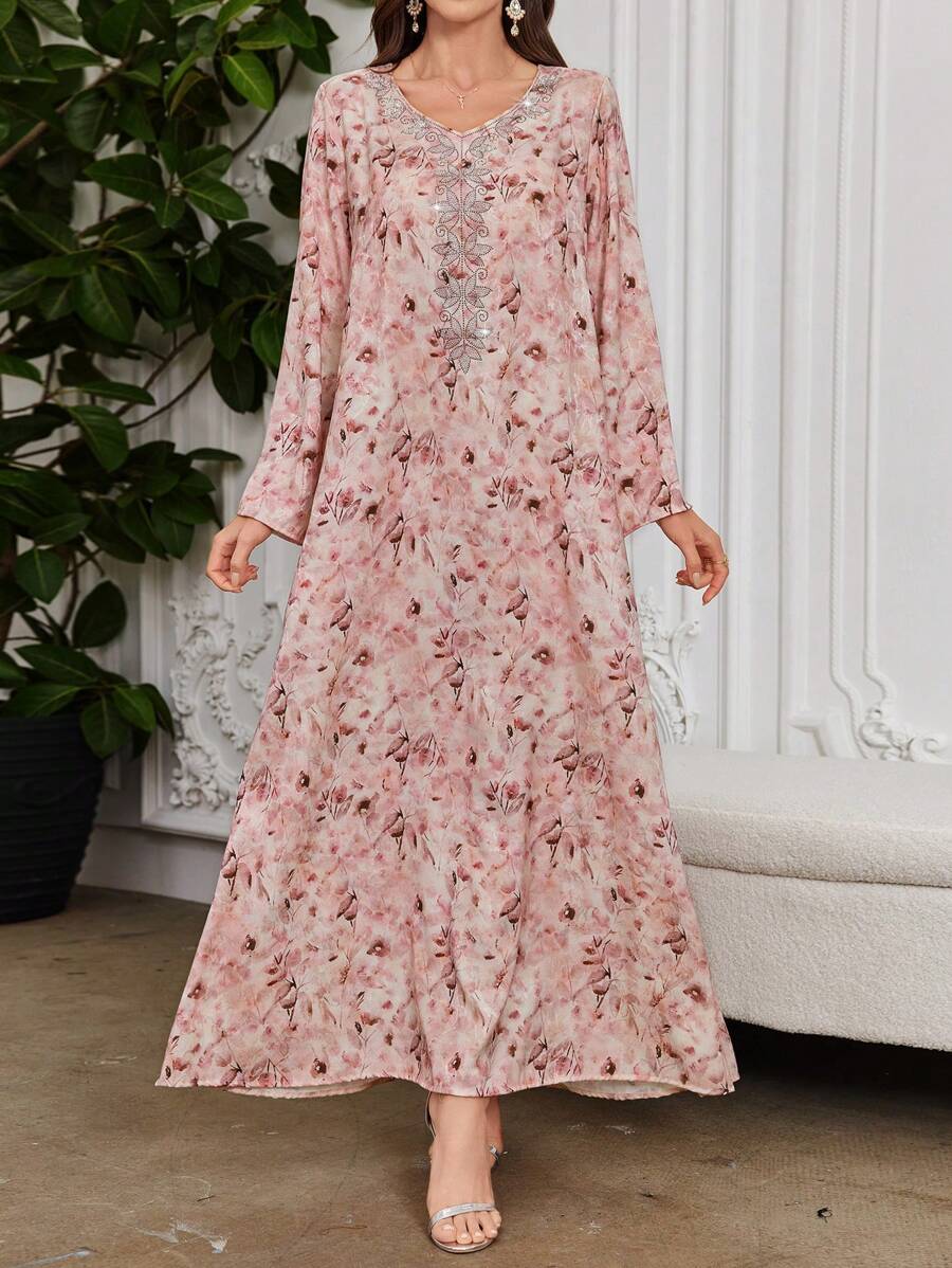 SHEIN Al Najma فستان وردي فضفاض محتشم بالأسلوب العربي
