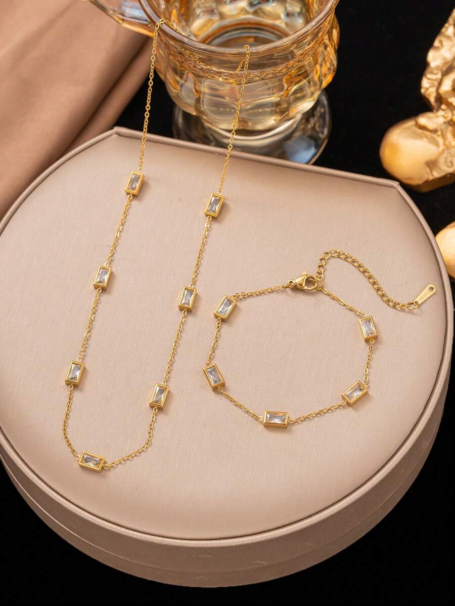 SHEIN طقم قلادة وسوار من الحلقات المربعة ستانلس ستيل