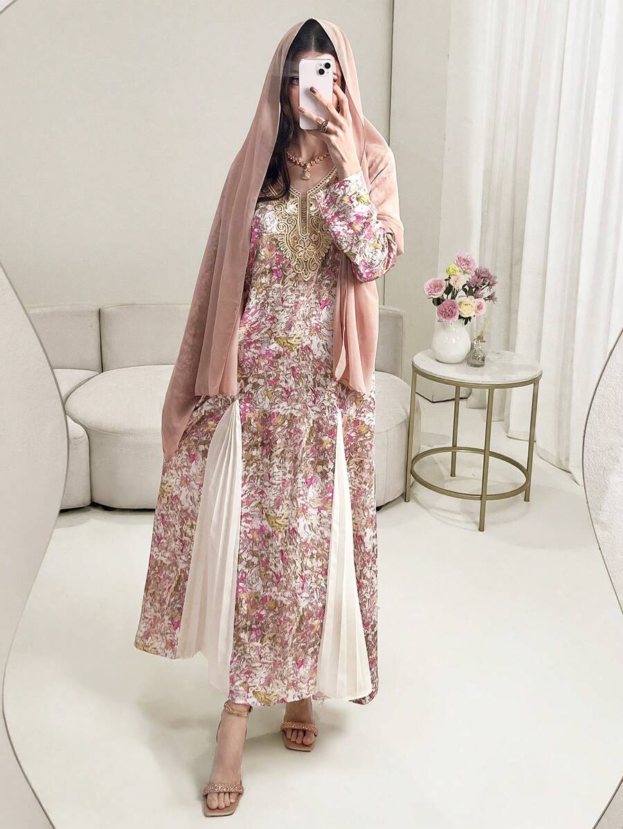 SHEIN Al Najma فستان ماكسي تركي بزخارف وزهور كفتان وجلابية