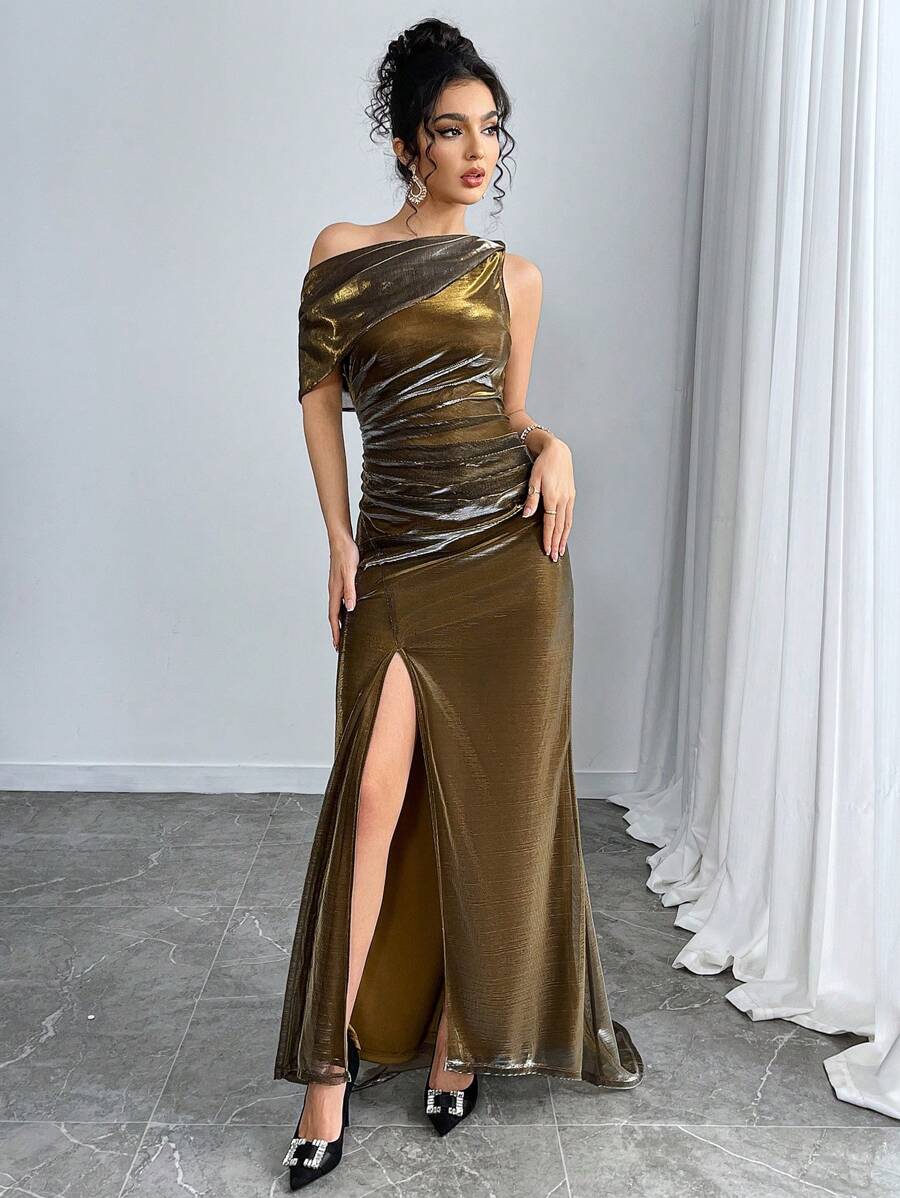 SHEIN Modelyn فستان سهرة ذهبي أنيق بنهاية غير متماثلة