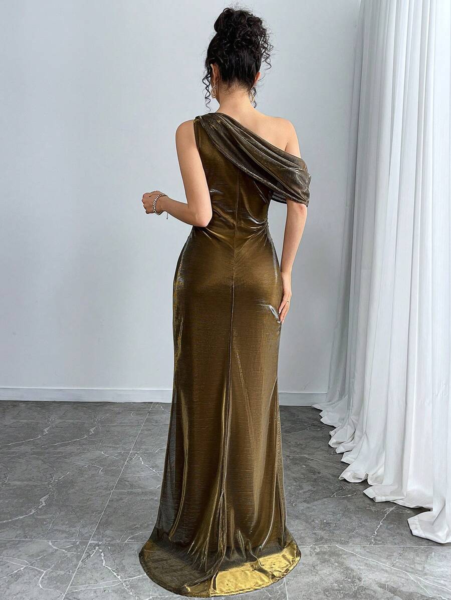 SHEIN Modelyn فستان سهرة ذهبي أنيق بنهاية غير متماثلة