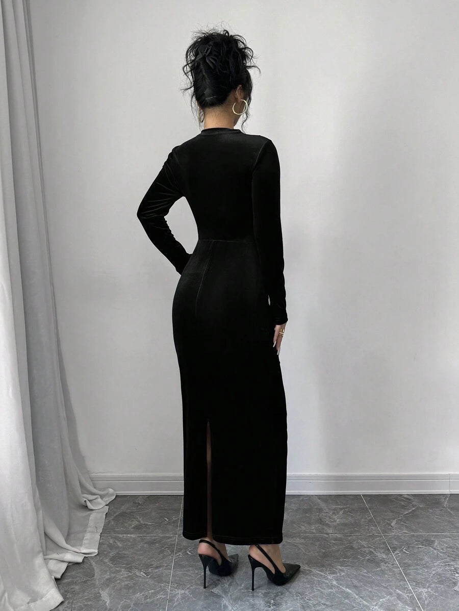 SHEIN Elenzga فستان اسود مخمل غير متماثل