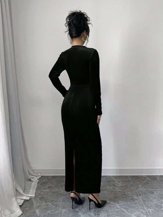 SHEIN Elenzga فستان اسود مخمل غير متماثل
