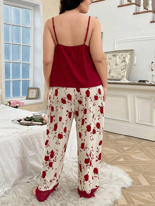 SHEIN CottageSlumber طقم بيجامة كامي وبنطلون دانتيل