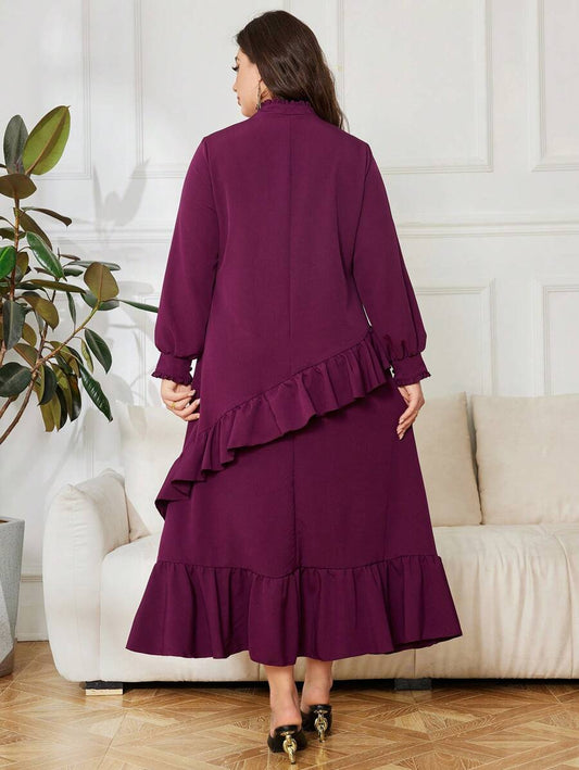 SHEIN Lacomfia فستان أرجواني بياقة عالية وتطريز للمقاسات الكبيرة