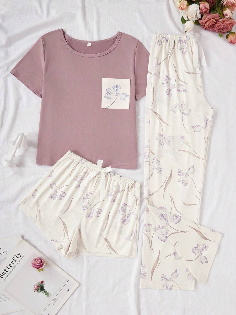 SHEIN طقم بيجامة 3 قطع مريح وأنيق بطبعة الأزهار
