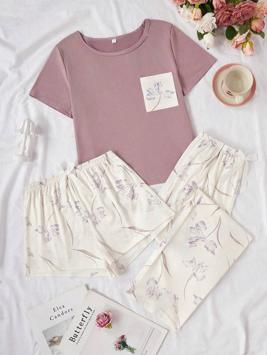 SHEIN طقم بيجامة 3 قطع مريح وأنيق بطبعة الأزهار