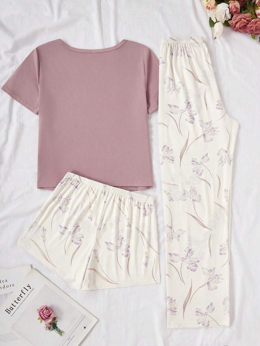 SHEIN طقم بيجامة 3 قطع مريح وأنيق بطبعة الأزهار